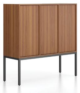 Kancelářská skříň FRAME, nízká, černá podnož, 3x dveře, 1299 x 450 x 1331 mm, PUSH-lock, ořech