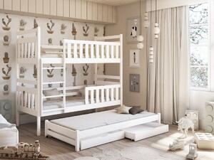 Dětská patrová postel z masivu borovice KLÁRA s přistýlkou a šuplíky - 200x90 cm - BÍLÁ