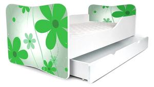 Dětská postel se šuplíkem KVĚTY zelené 160x80 cm + matrace ZDARMA