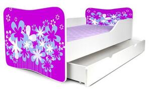 Dětská postel se šuplíkem KVĚTINKY FIALOVÉ 140x70 cm + matrace ZDARMA