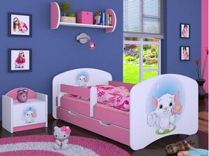 Dětská postel se šuplíkem 180x90cm KOČIČKA S KYTIČKOU - růžová