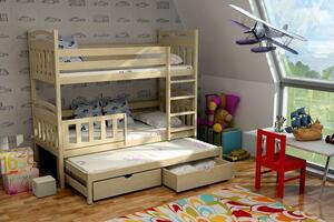 Dětská patrová postel s přistýlkou z MASIVU 200x90cm SE ŠUPLÍKY - PPV001