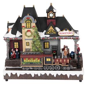 Vánoční hrací dekorace sváteční nádraží Hometown s lokomotivou s LED osvětlením – 32x16x30 cm