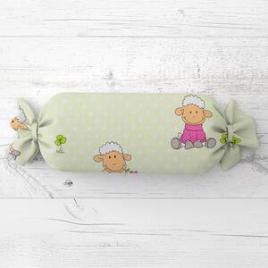 Biante Dětský polštář válec bonbon Sandra SA-729 Veselé ovečky na světle zeleném puntíkovaném 15x40 cm