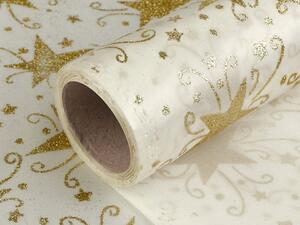 Vánoční satén jednostranný šíře 48 cm hvězda s glitry barva 3 smetanová zlatá, 1 m