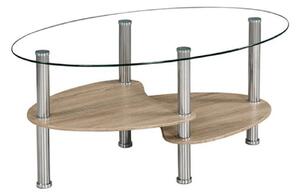 Oválný skleněný konferenční stolek se dvěma tvarovanýma odkládacíma deskama dekor dub TK203