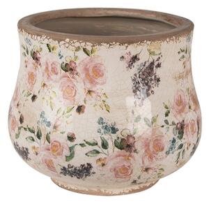 Béžový keramický obal na květináč s odřením a růžovými růžemi Ineke – 18x15 cm