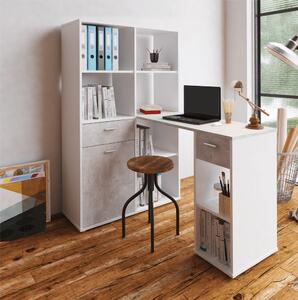 TEMPO Rohový PC stůl s regálem, bílá / beton, MINESON