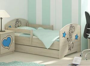Dětská postel bez šuplíku s výřezem ŽIRAFA - modrá 140x70 cm + matrace ZDARMA, 2x krátká zábrana