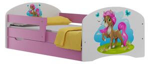 SKLADEM: Dětská postel se šuplíky PONÍK S RŮŽOVOU HŘÍVOU 140x70 cm - Fialová / bílá
