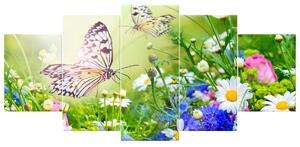 Obraz na plátně Motýli a květiny v krásné zahradě - 5 dílný Rozměry: 150 x 70 cm