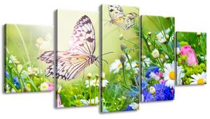 Obraz na plátně Motýli a květiny v krásné zahradě - 5 dílný Velikost: 150 x 70 cm