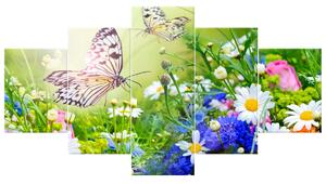 Obraz na plátně Motýli a květiny v krásné zahradě - 5 dílný Rozměry: 150 x 70 cm