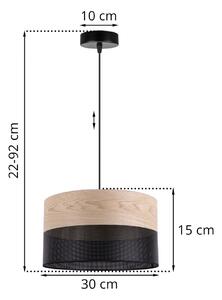 Závěsné svítidlo Wood, 1x béžová dubová dýha/černé plastové stínítko, (fi 30cm)