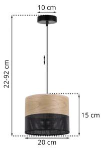 Závěsné svítidlo Wood, 1x dýha zlatý dub/černé plastové stínítko, (fi 20cm)