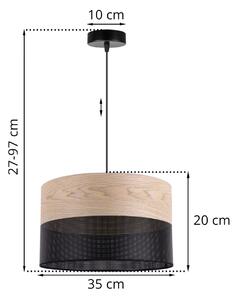 Závěsné svítidlo Wood, 1x béžová dubová dýha/černé plastové stínítko, (fi 35cm)