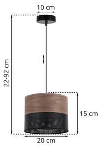 Závěsné svítidlo Wood, 1x hnědá ořechová dýha/černé plastové stínítko, (fi 20cm)