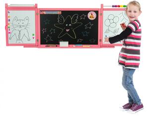 Dřevěná dětská křídová a magnetická tabule na zeď - rozkládací - růžová