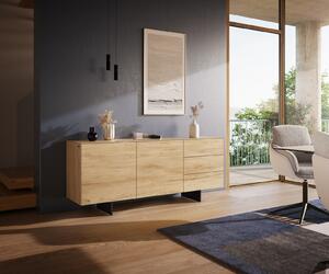DELIFE Komoda Cuor 180 cm keramika Laminam® Sabbia dubová 2 dvířka 3 zásuvky podnož závěsná kov černá