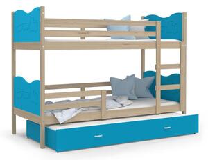 Dětská patrová postel s přistýlkou MAX Q - 190x80 cm - modrá/borovice - vláček