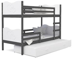 Dětská patrová postel s přistýlkou MAX Q - 190x80 cm - bílo-šedá - srdíčka