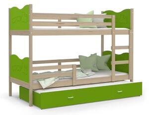 Dětská patrová postel s přistýlkou MAX Q - 190x80 cm - zelená/borovice - vláček