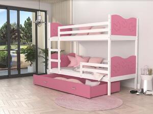 Dětská patrová postel se šuplíkem MAX R - 160x80 cm - růžovo-bílá - motýlci