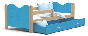 Dětská postel se šuplíkem MIKOLÁŠ - 160x80 cm - modrá/borovice - měsíc a hvězdičky