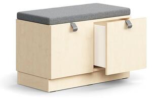 AJ Produkty Lavice s úložným prostorem QBUS, šedý podsedák, 2 zásuvky, sokl, úchytky, 534x800x420 mm, stříbrná
