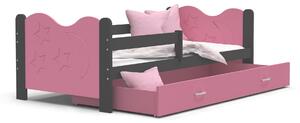 Dětská postel se šuplíkem MIKOLÁŠ - 160x80 cm - růžovo-šedá - měsíc a hvězdičky