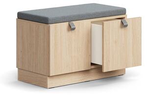 AJ Produkty Lavice s úložným prostorem QBUS, šedý podsedák, 2 zásuvky, sokl, úchytky, 534x800x420 mm, stříbrná