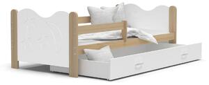 Dětská postel se šuplíkem MIKOLÁŠ - 160x80 cm - bílá/borovice - měsíc a hvězdičky