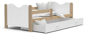 Dětská postel se šuplíkem MIKOLÁŠ - 190x80 cm - bílá/borovice - měsíc a hvězdičky