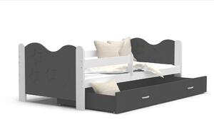 Dětská postel se šuplíkem MIKOLÁŠ - 160x80 cm - šedo-bílá - měsíc a hvězdičky