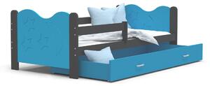 Dětská postel se šuplíkem MIKOLÁŠ - 160x80 cm - modro-šedá - měsíc a hvězdičky