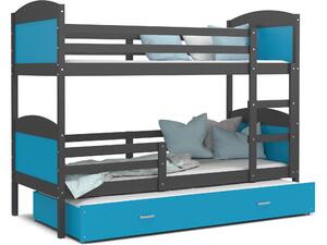 BabyBeds Dětská patrová postel s přistýlkou MATYÁŠ šedá Velikost postele: 190x80 cm, Barva šuplíku: Modrá