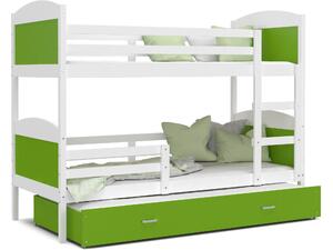 BabyBeds Dětská patrová postel s přistýlkou MATYÁŠ bílá Velikost postele: 200x90 cm, Barva šuplíku: Zelená