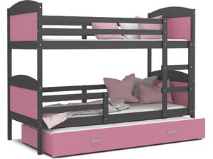 BabyBeds Dětská patrová postel s přistýlkou MATYÁŠ šedá Velikost postele: 190x80 cm, Barva šuplíku: Růžová