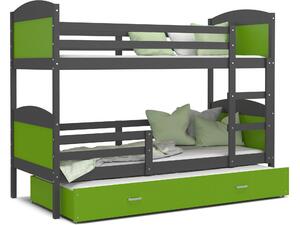 BabyBeds Dětská patrová postel s přistýlkou MATYÁŠ šedá Velikost postele: 200x90 cm, Barva šuplíku: Zelená