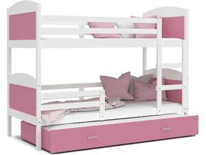BabyBeds Dětská patrová postel s přistýlkou MATYÁŠ bílá Velikost postele: 190x80 cm, Barva šuplíku: Růžová