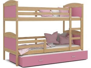 BabyBeds Dětská patrová postel s přistýlkou MATYÁŠ borovice Velikost postele: 190x80 cm, Barva šuplíku: Růžová