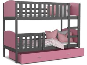 Dětská patrová postel se šuplíkem TAMI Q - 160x80 cm - růžovo-šedá