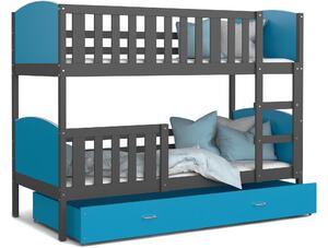 BabyBeds Dětská patrová postel s úložným prostorem TAMI šedá Velikost postele: 200x90 cm, Barva šuplíku: Modrá