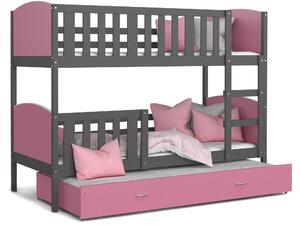 BabyBeds Dětská patrová postel s přistýlkou TAMI šedá Velikost postele: 190x80 cm, Barva šuplíku: Růžová