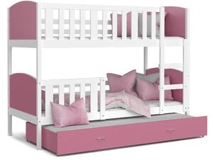 BabyBeds Dětská patrová postel s přistýlkou TAMI bílá Velikost postele: 200x90 cm, Barva šuplíku: Růžová