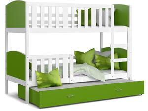 BabyBeds Dětská patrová postel s přistýlkou TAMI bílá Velikost postele: 190x80 cm, Barva šuplíku: Zelená