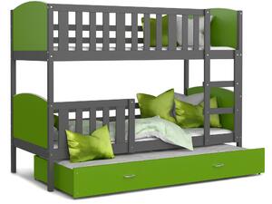 BabyBeds Dětská patrová postel s přistýlkou TAMI šedá Velikost postele: 200x90 cm, Barva šuplíku: Zelená