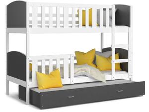 BabyBeds Dětská patrová postel s přistýlkou TAMI bílá Velikost postele: 200x90 cm, Barva šuplíku: Grafit