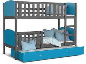 BabyBeds Dětská patrová postel s přistýlkou TAMI šedá Velikost postele: 200x90 cm, Barva šuplíku: Modrá