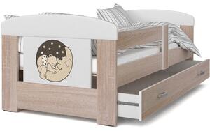Dětská postel se šuplíkem PHILIP - 140x80 cm - sonoma/medvěd a měsíc